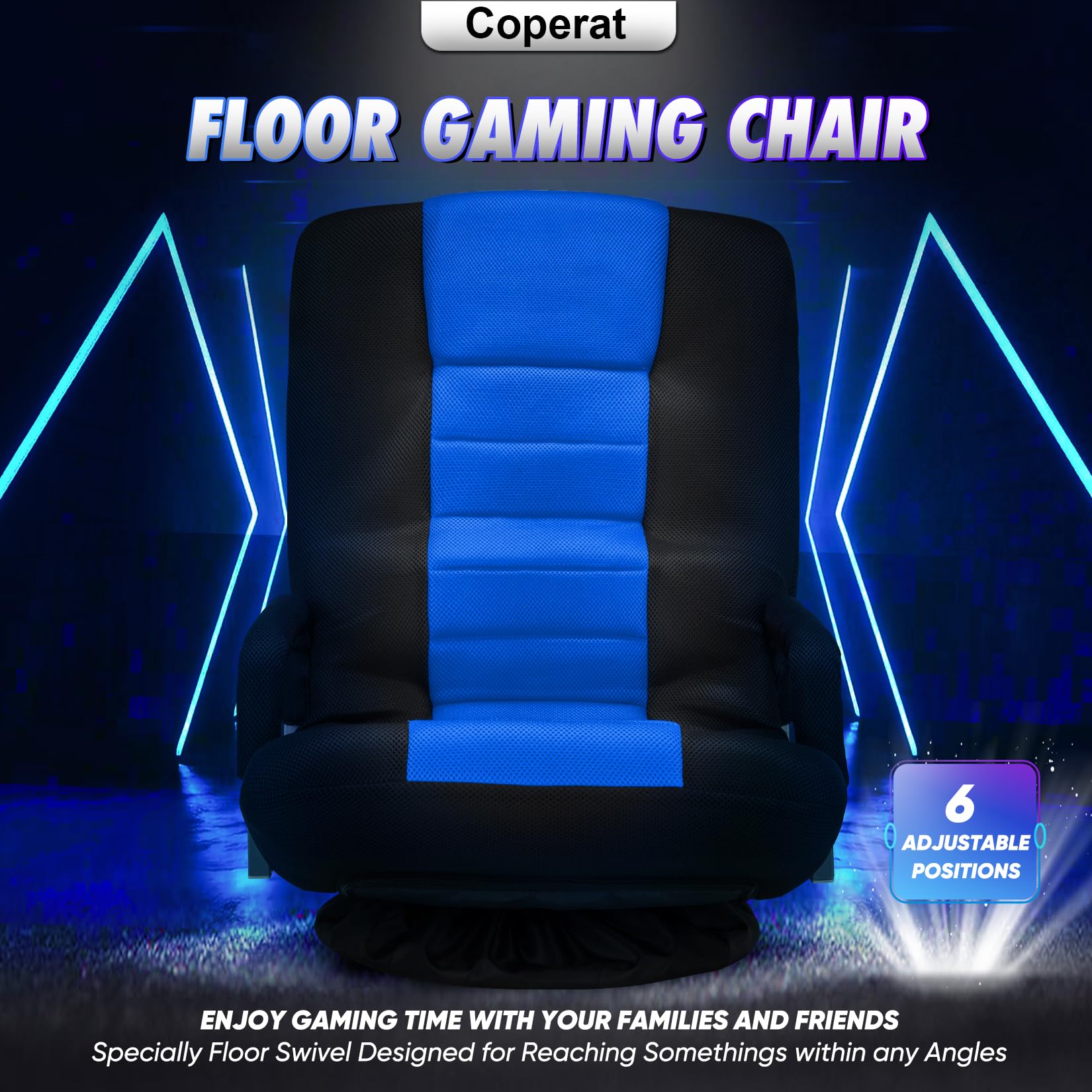 Coperat Swivel Gaming Chair 360 Degree Multipurpose Floor Chair w/Armrest & 6 Adjustable Postions Backrest for Adults & Kids, for Reading, Gaming, Watching, Relaxing, Blue