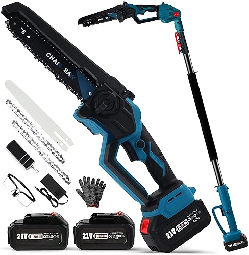 Miniatura 8 de Sierras de poste eléctricas de 8 pulgadas para poda de árboles, sierra de poste inalámbrica 2 en 1 y mini motosierra con poste de extensión,