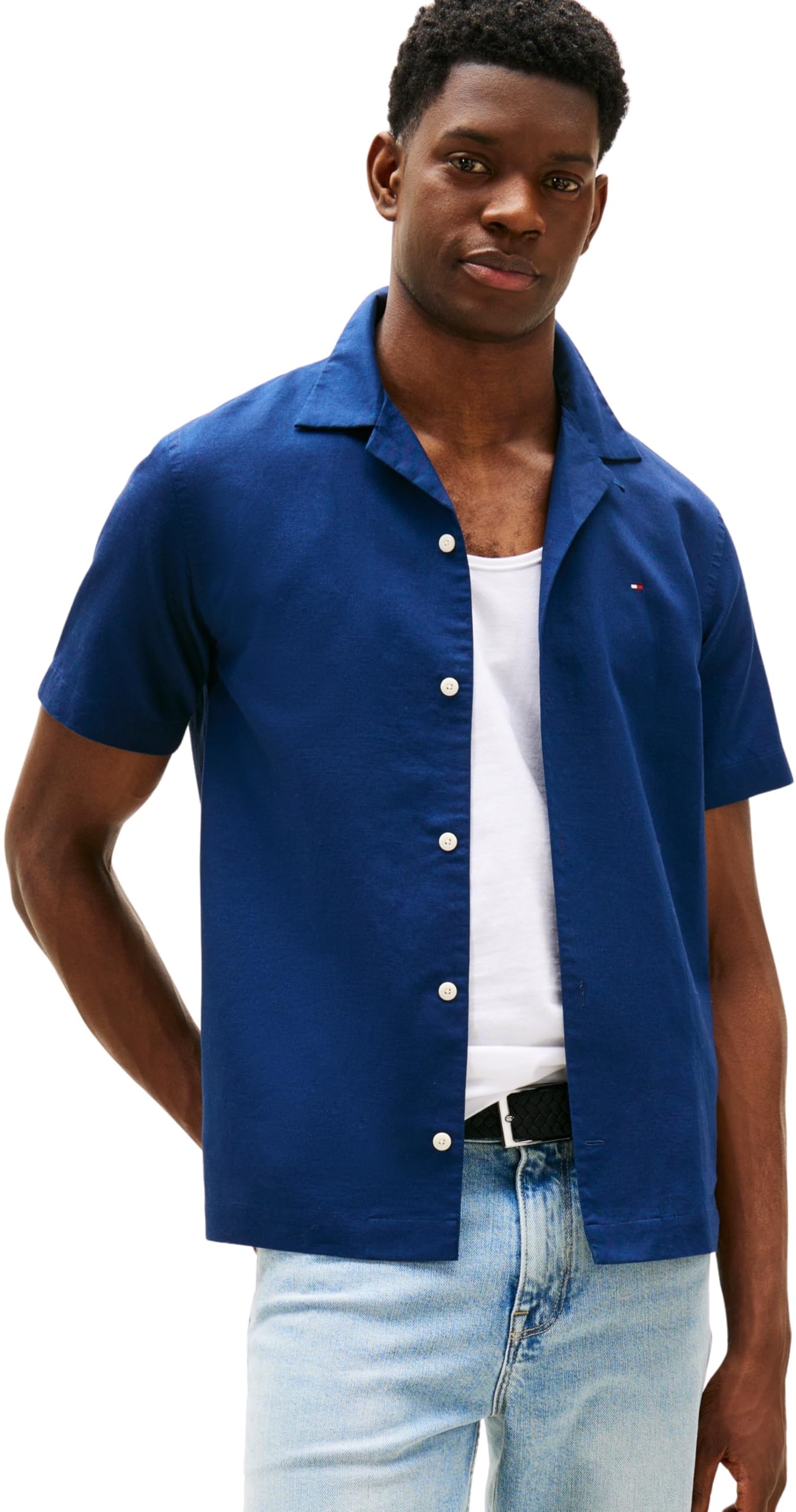 Tommy Hilfiger Men’s Short Sleeve Linen Blend Shirt, Blue (Carbon Navy), XL