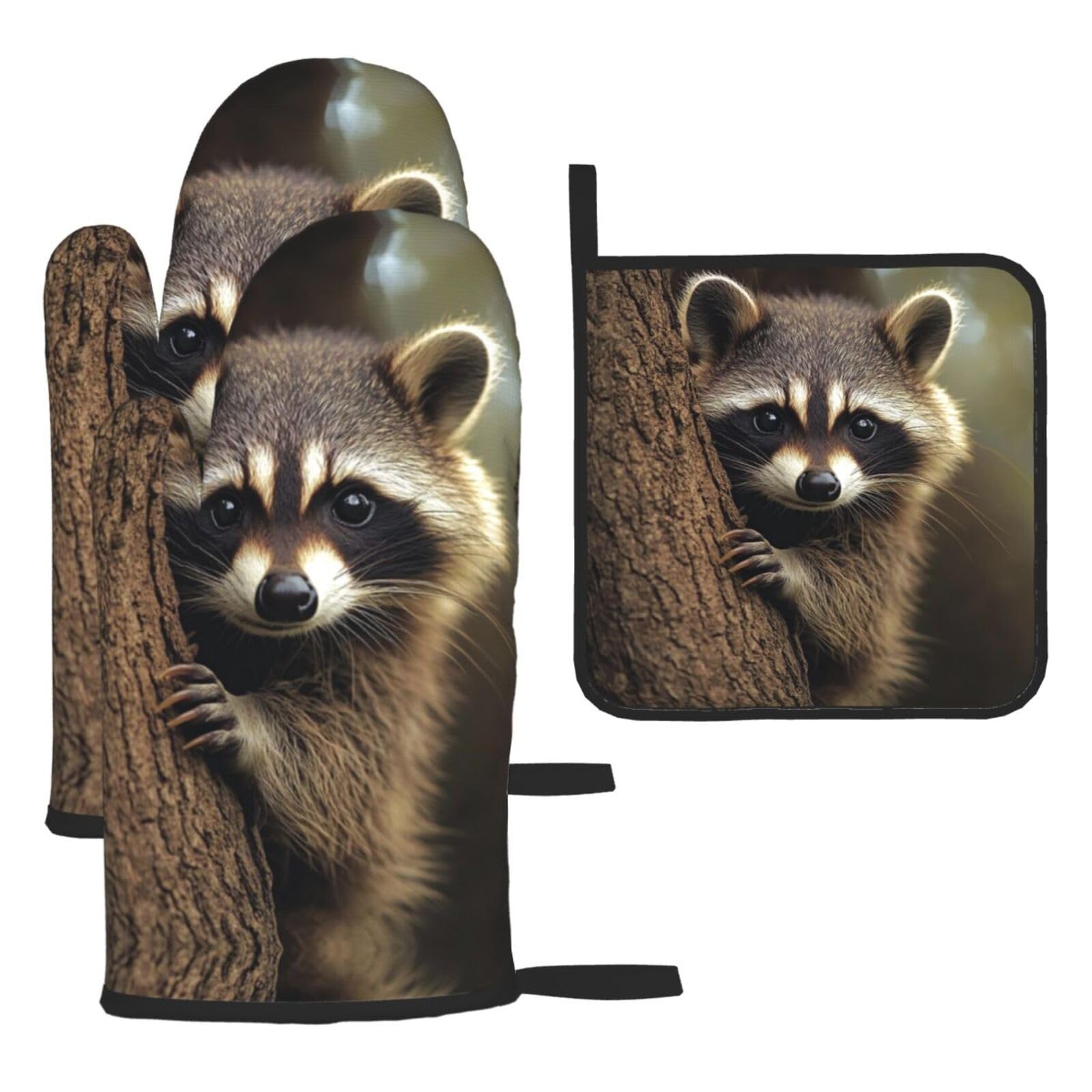 Oven Mitts and Pot Holders Set of 3 Heat Resistant Non-Slip Kitchen Gloves Hot Pads Raccoon Mittens Non-Slip Potholders for Cooking Baking Grilling BBQ