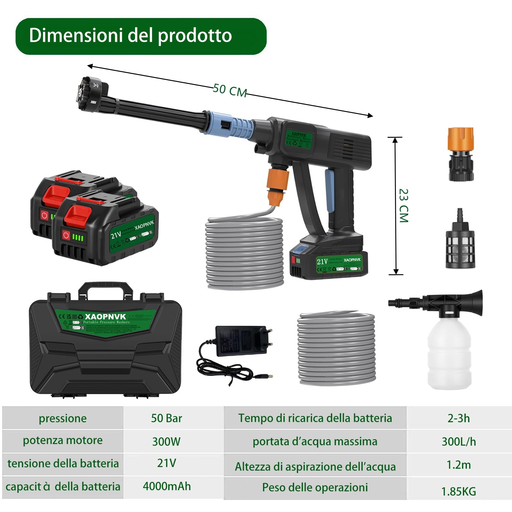 Idropulitrice Portatile a Batteria, Idropulitrice per Auto Cordless da 60 Bar con 2 Batterie, Ugello 6 in 1,Tubo da 5 Metri, per L'irrigazione, Pulizia, Lavaggio auto, Lavaggio Pavimenti(Nero)