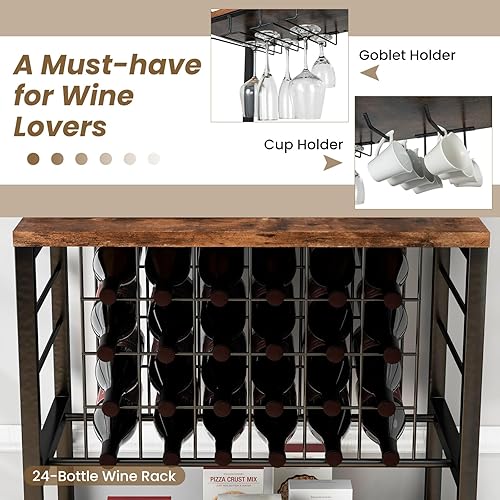 Miniatura 5 de COSTWAY Armario de bar de vino con tomas de corriente, mesa de barra de licor de 4 niveles con soporte para botellas de vino, soporte para vasos y