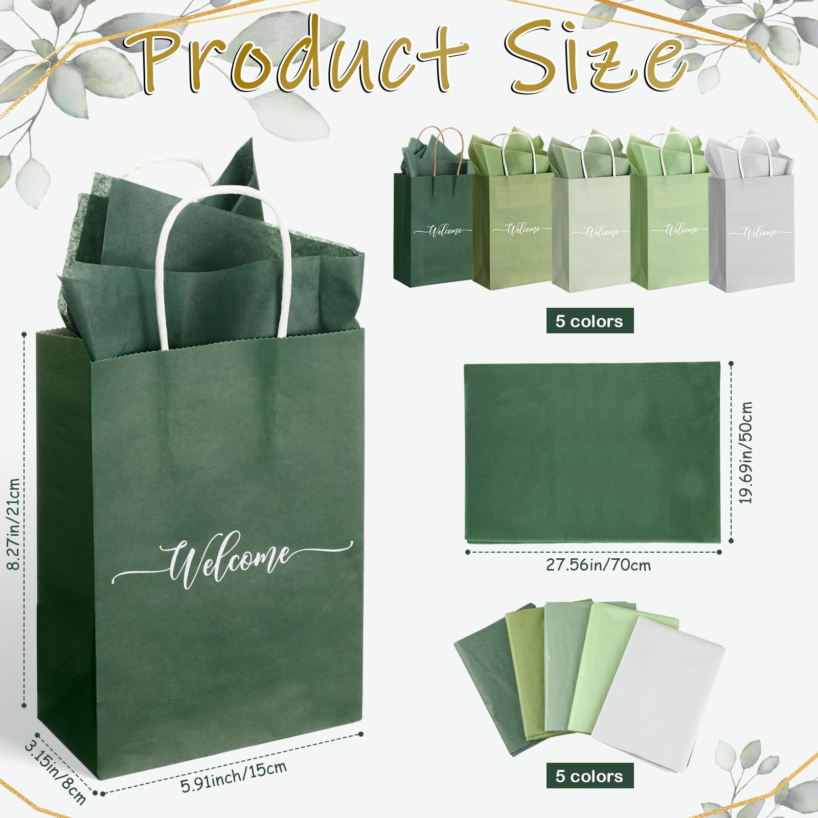 Kolldenn Set di 50 sacchetti di benvenuto per matrimoni, colore verde salvia, sacchetti regalo con manici e carta velina, bomboniere, regalo di benvenuto in chiesa e hotel, 15,2 x 15 x 8,1 cm