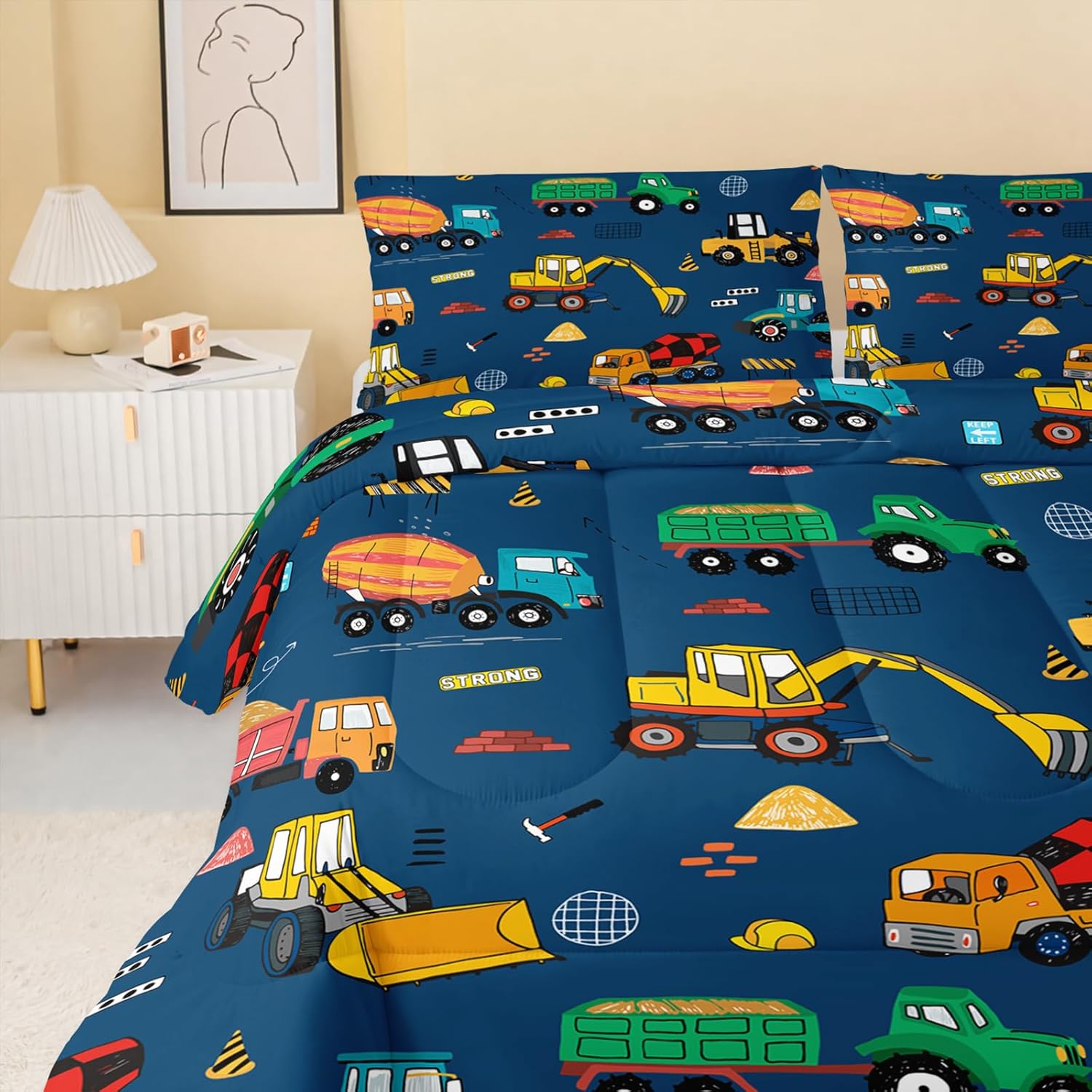 QOOMO Construction Kids Comforter Set for Boys Girls 3 Pieces Queen Size Dark Blue Cartoon Truck Cars Bedding Set Room Decor Equipment Excavator Tractor Quilt with 1 Comforter and 2 Pillowcases