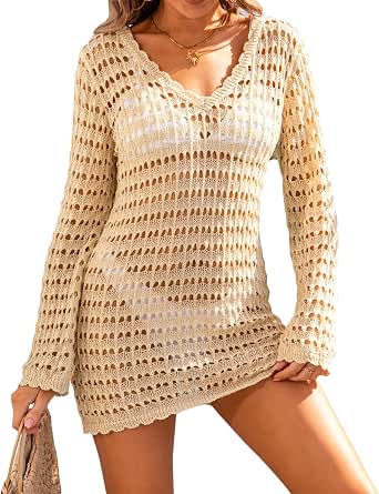 LOUSEA Women's Crochet Cover Up Dress - Hollow Out See-Through Mini Dress, V-Neck, Sleeveless With Pocket, Beach Slip Dress - View #4