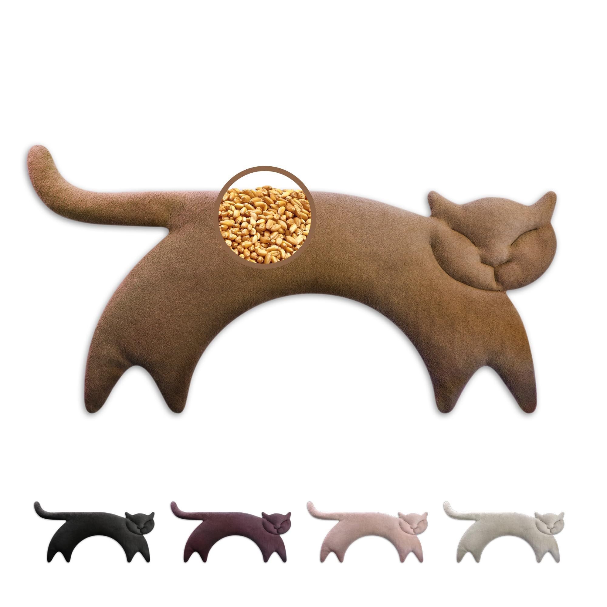 Leschi Bolsa Semillas Microondas 47x23 cm, de 100% Algodón y Trigo Orgánicos, Saco de Semillas en forma de gato marron, Saco Térmico de Semillas para Microondas ideal para Cuello, Cervical y Espalda