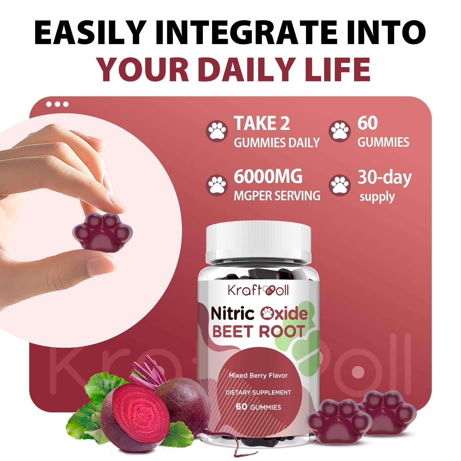 Nitric Oxide Beet Root Gummies – Sugar-Free Beet Chewables, Mixed Berry Flavor with Grapeseed Powder, Pomegranate, Vitamin C & B12 – Nitric Oxide Supplements for Men – 60 Gummies (2 Bottles) — Amazon image 5