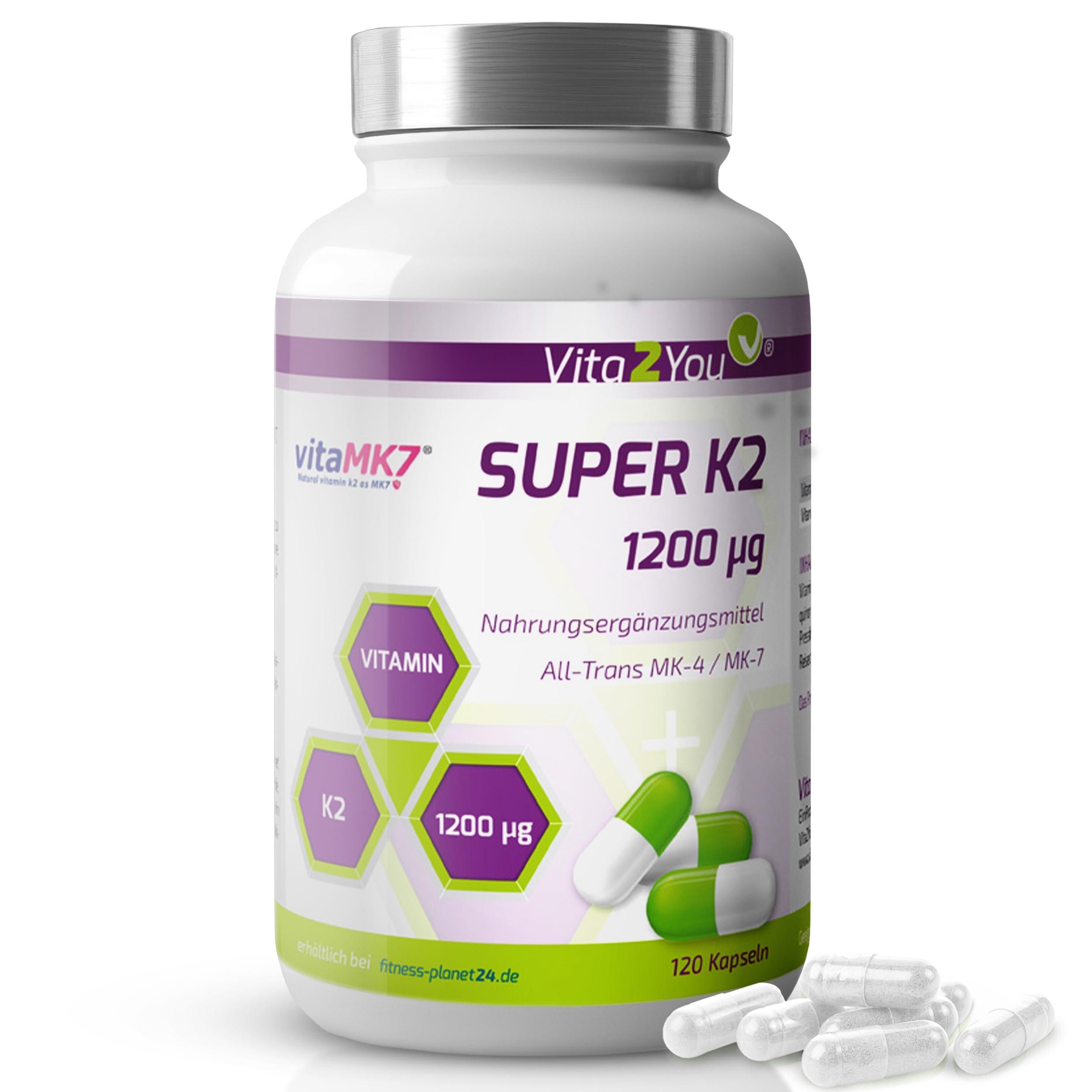 Vita2You Super K2-1200µg Vitamin K2 - Original vitaMK7® - (Natürliches MK-7) mit MK-4 >99% All Trans - 120 Kapseln - Hochdosiert - Premium Qualität