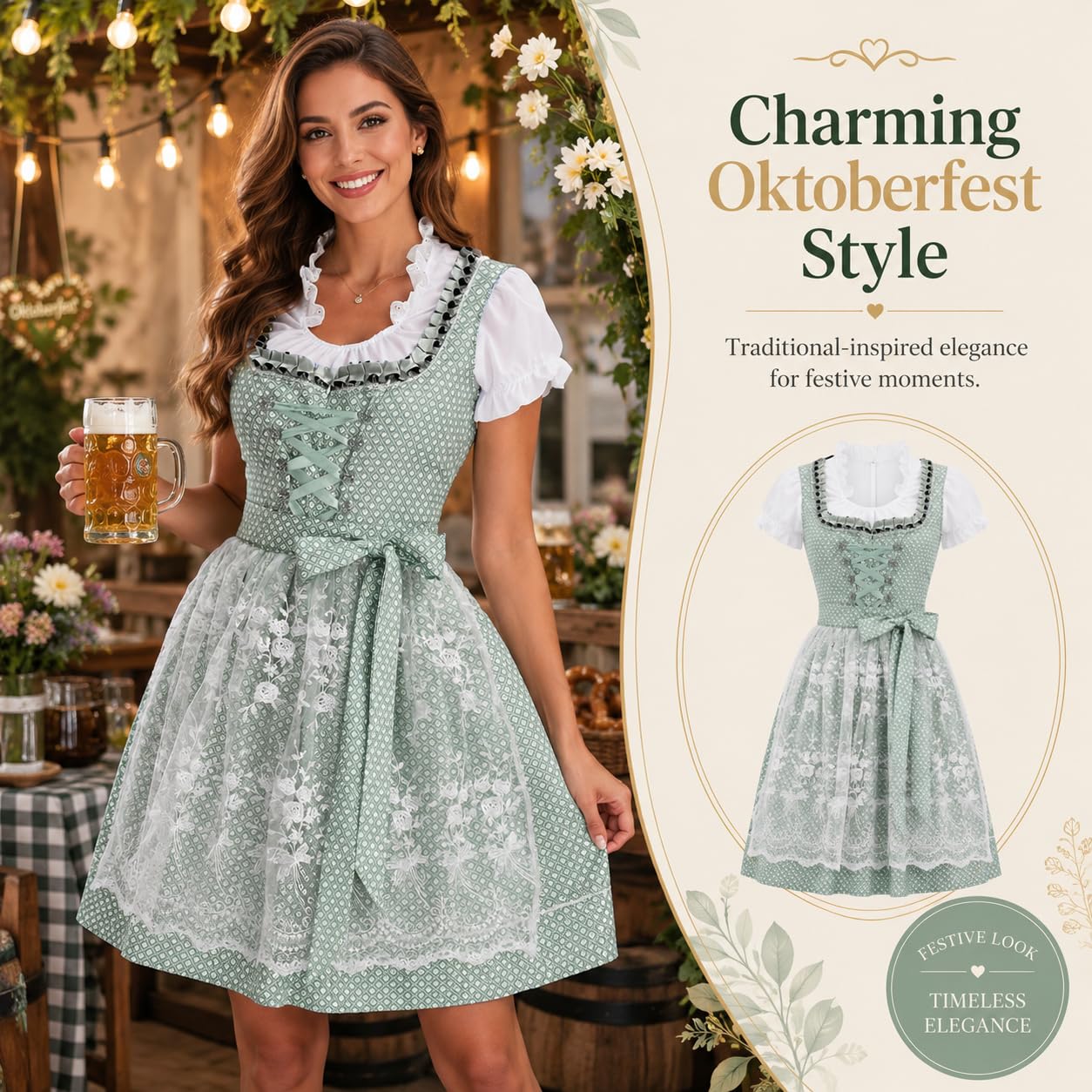 Dirndl Damen Oktoberfest Damen Outfit Midi Dirndlkleid Trachtenkleid inkl. Trachtenrock Dirndlbluse Dirndlschürze, Dirndl Kleidung Trachtenmode Kleid Schlicht Tracht Dirndlkleid Schürze Spitze Kleid