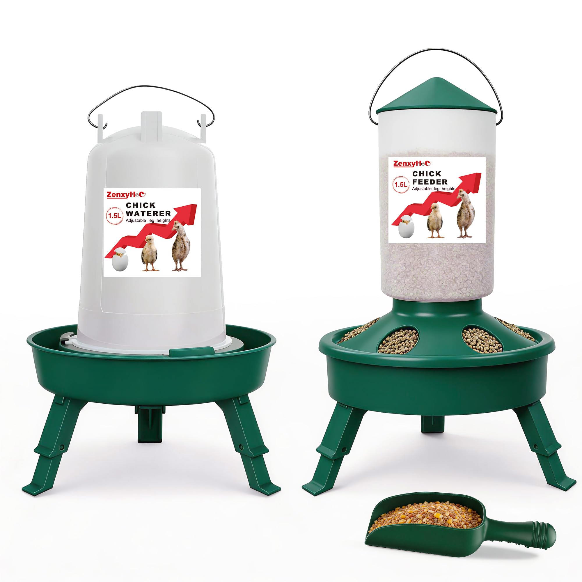 ZenxyHoC Juego de comida y bebedero para pollitos con comedero de 1,5 l y bebedero de 1,5 l para rellenar la parte superior, pala y 3 patas regulables en altura, color verde