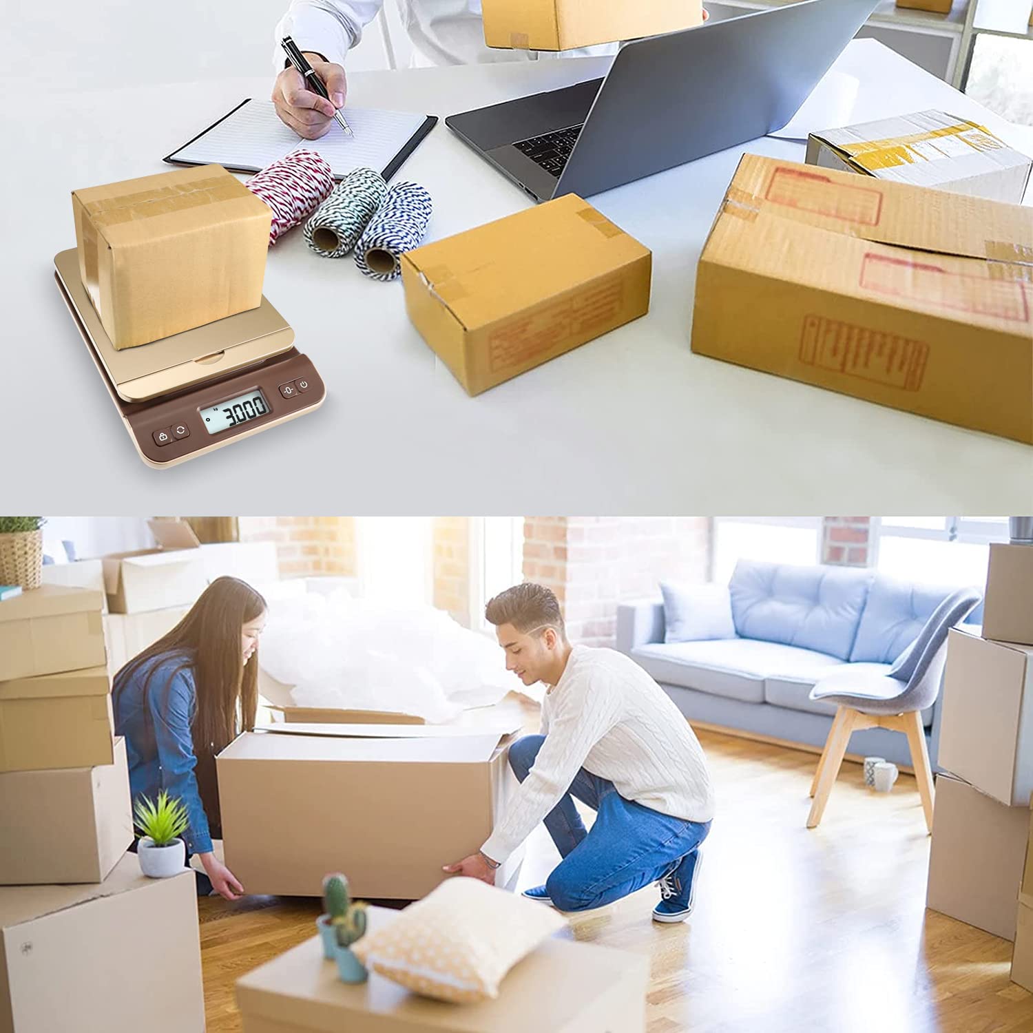 UNIWEIGH Balanza Postal Digital 39kg/86lb, Báscula de precisión, Báscula Postal Digital pesar paquetes, Oficina, Almacén, Cartas, Incluye Cable USB, Cinta Métrica, dorado.
