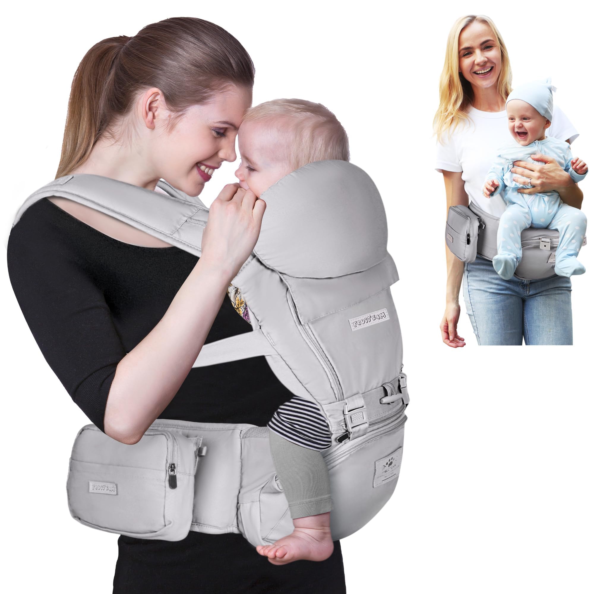 FRUITEAM Baby Carrier Newborn to Toddler - Safety-Certified Waist Stool with Hip Seat, Ergonomic 6-in-1 Baby Carrier with Head Support, Great for