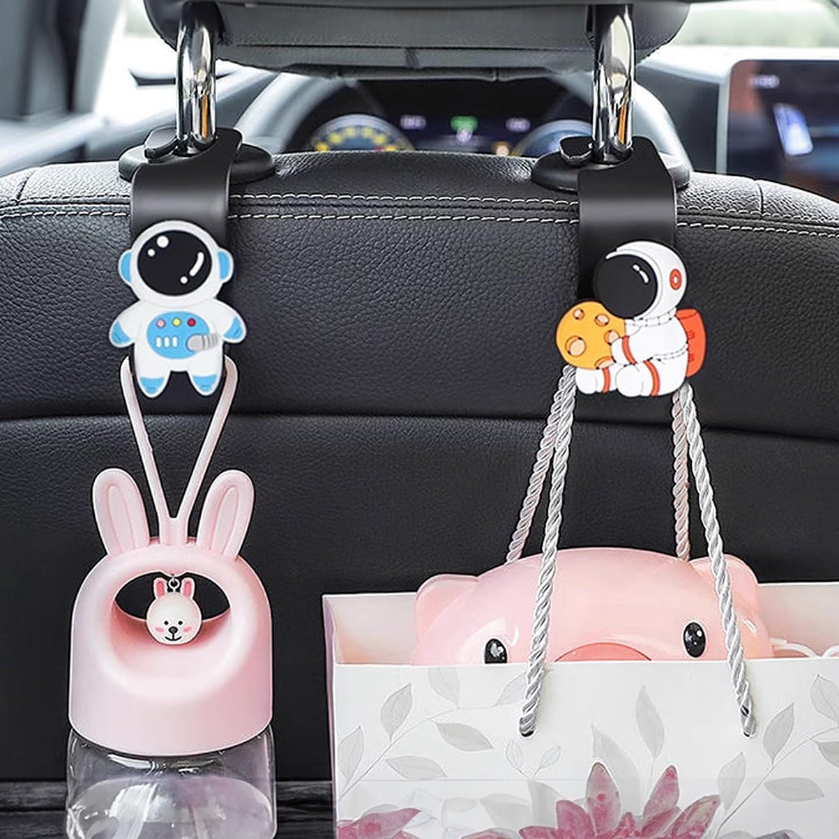 wolpin Car Backseat Headrest Hooks (Pack of 2) | Hangers for Handbags, Groceries, Keys & Wallets | Universal Durable Organizer Space Saver (Astronaut Design, Black)