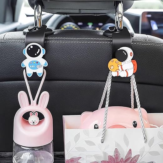 Wolpin Car Backseat Headrest Hook/Hanger Universal Durable Organiser Space Saver for Handbag, Wallets, Keys, Grocery Bags (Astronauts, Pack of 2) Metal, Black