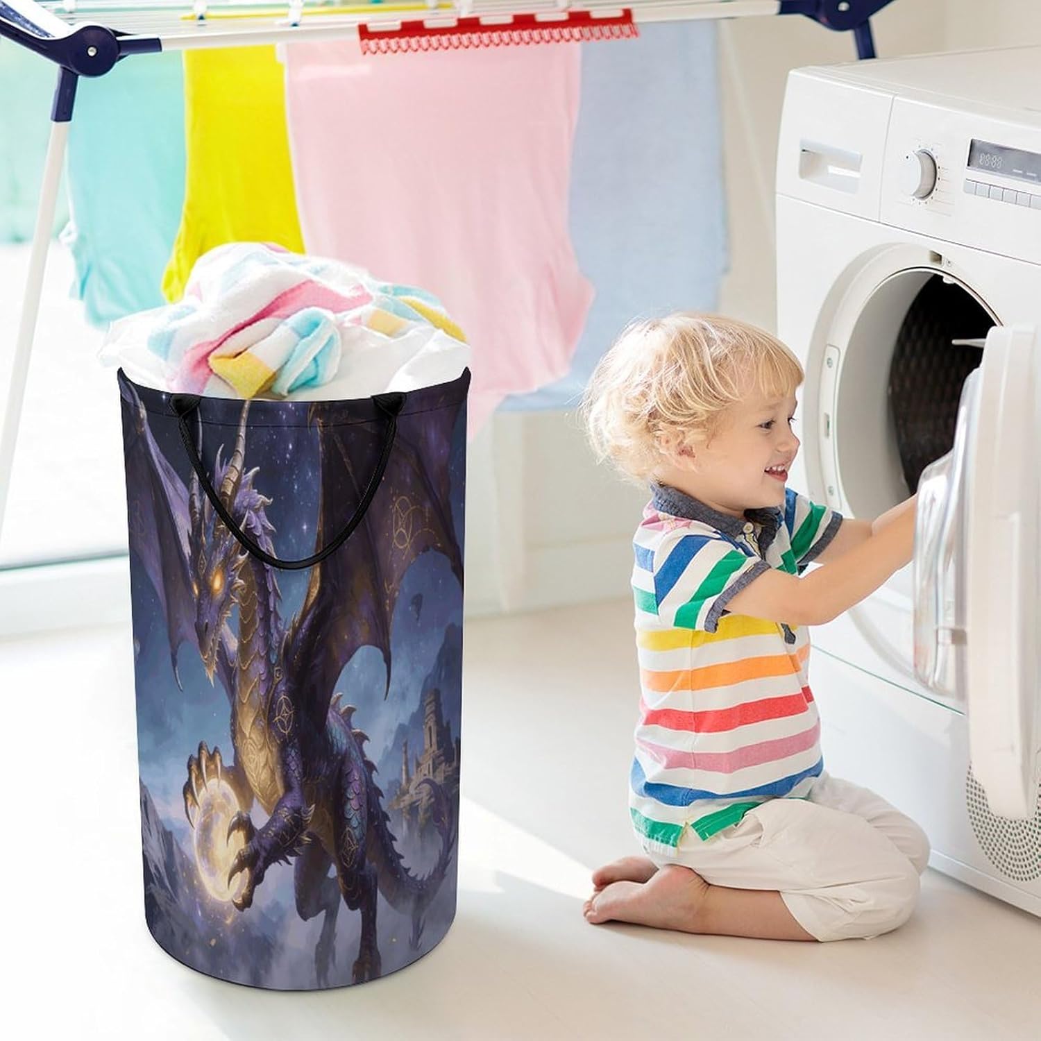 Fantasy Dragon Laundry Hamper 86L Waterproof Collapsible Clothes Basket with Double Handles Freestanding Foldable Laundry Basket Large Clothes Hamper for Bathroom