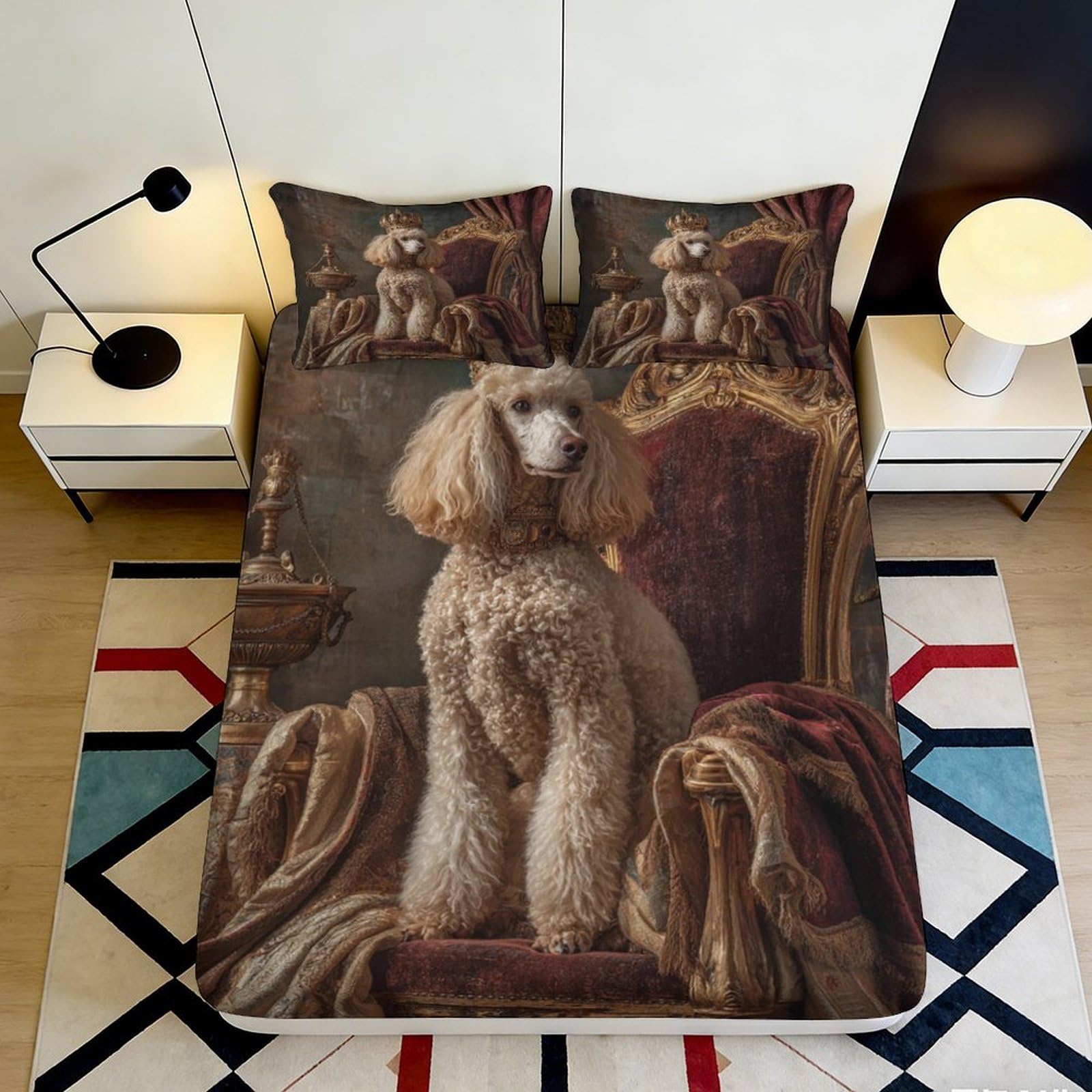 3D Printed Royal Poodle Fitted Sheet Microfiber Soft Durable 3D Printed Vintage Dog Bed Cover for Bedroom Dormitory Guest Room Mattress Protection 160x200x25cm
