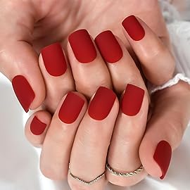 EchiQ Press on Nails Matte Square Flame Stick on Nails Red False Nails Classic Short Fake Nails Beauty Woman Gift Beauty