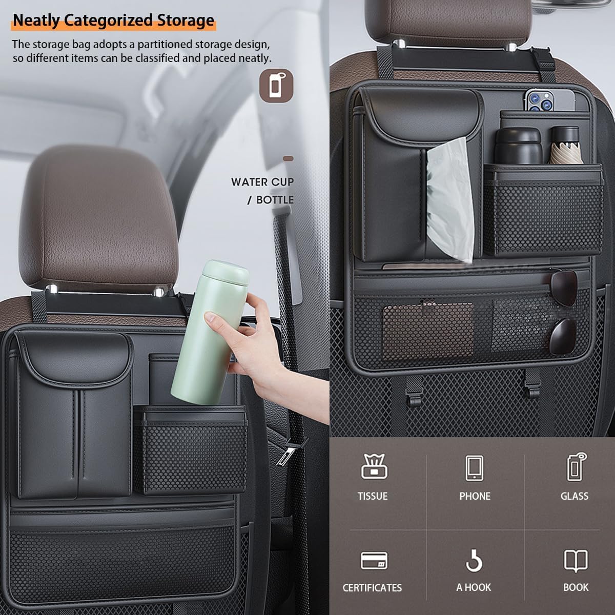 Organisateur de Voiture pour KIA EV3 2024-2025, Rangement de Siège Arrière en Cuir Imperméable Kick Mats avec Support Tablette Tactile