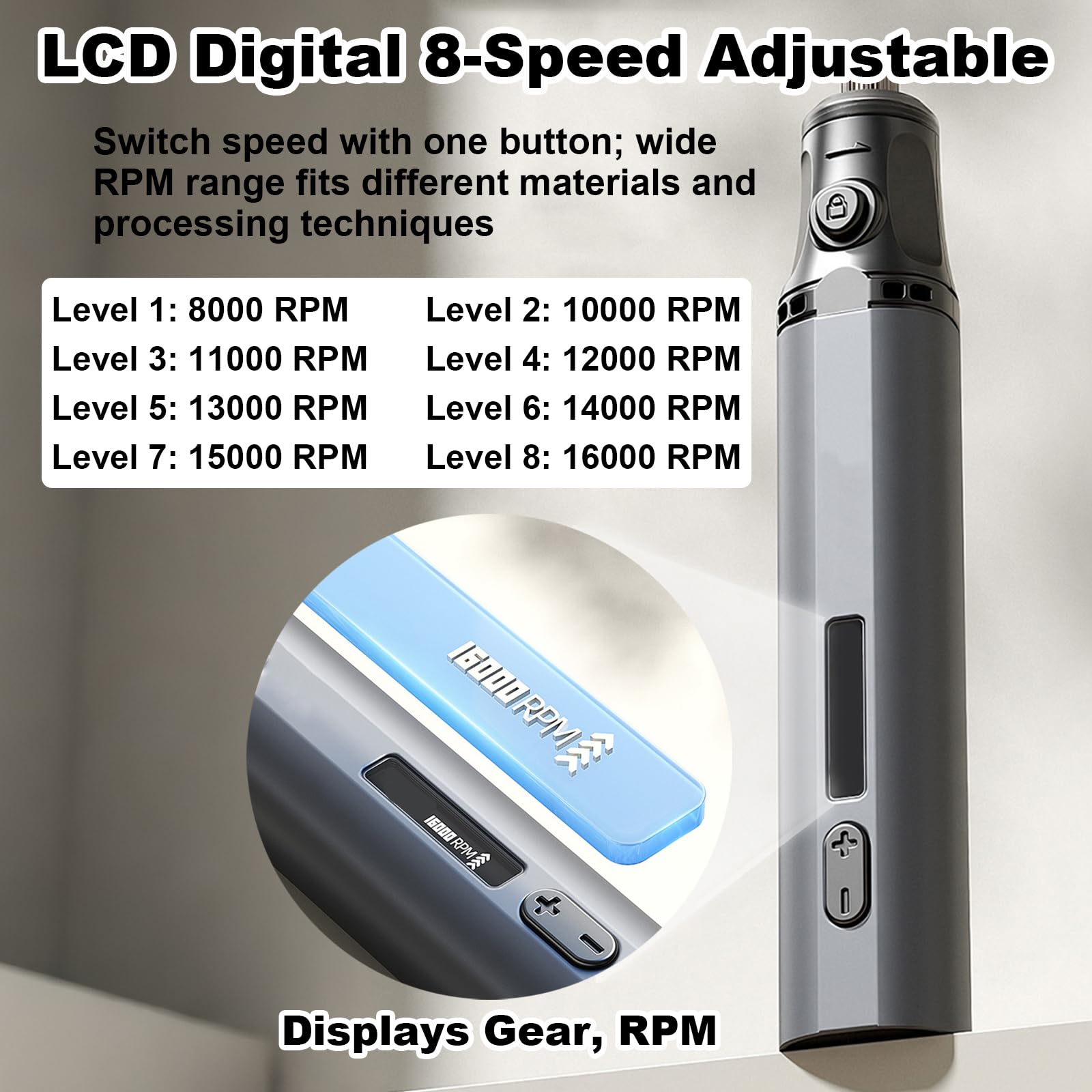 Penna Utensile Rotativo Senza Cavo, Display LCD Digitale 8 velocità | Raffreddamento Circolare, Incisore Manuale per Levigatura, Lucidatura
