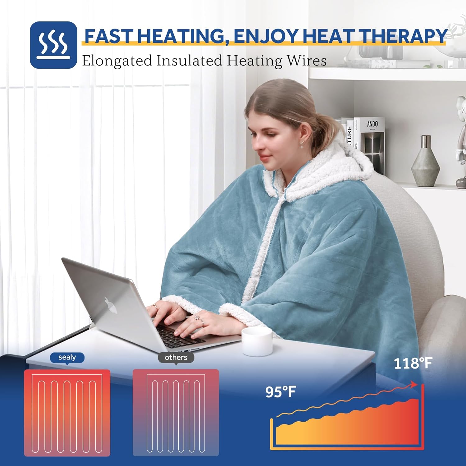 Sealy Heated Throw Wearable Shawl Wrap with Pockets, Reversible Flannel to Sherpa Electric Blanket Hoodie Poncho with 6 Heating Levels & 2-10 Hours Time Settings, 50 X 60 Inch, Light Blue - Image 7