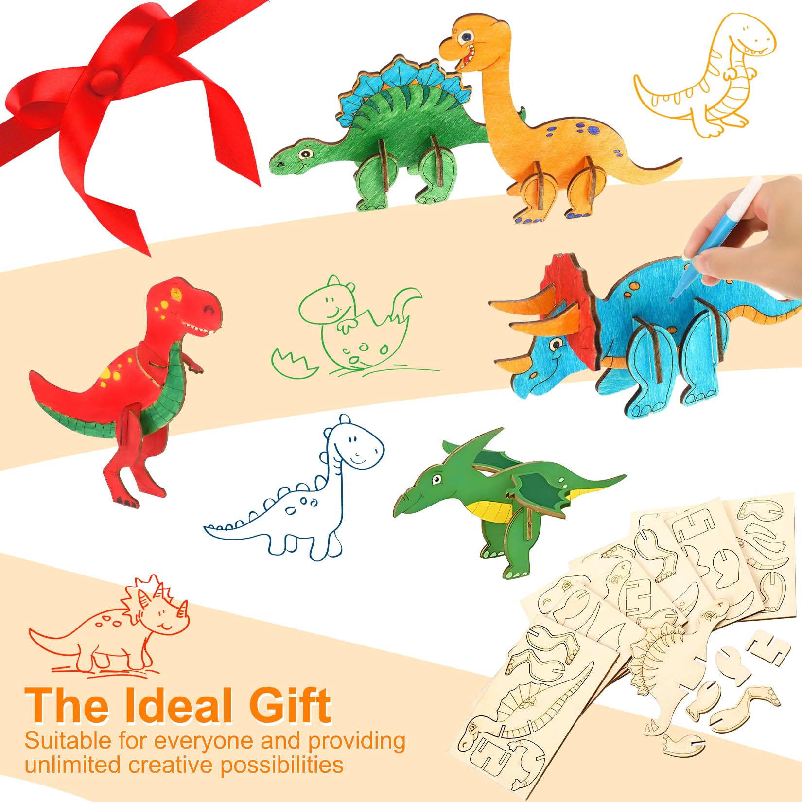 Fulushouxi Zestaw do majsterkowania z 10 dinozaurami z drewna, 3D puzzle z dinozaurami, zestaw DIY do urodzin smoka do malowania i robótek, materiały do robótek na imprezę z 12 piórami