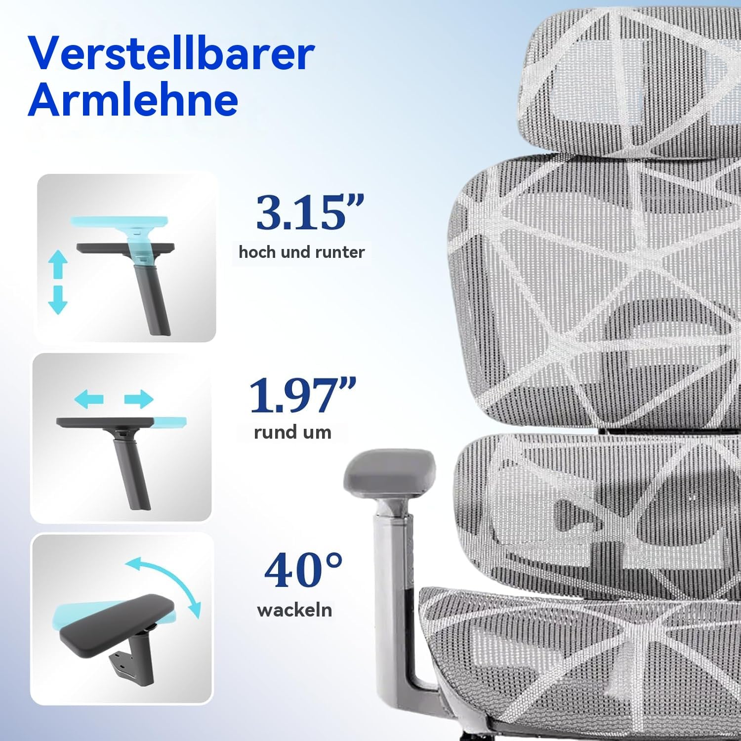 Ergonomischer Bürostuhl,Hochlehniger Gaming-Stuh,3D-Armlehnen und verstellbarem Kopfstütze,Komfortabler Computer-Schreibtischstuhl mit Kippfunktion fürs Home-Office(Grau)