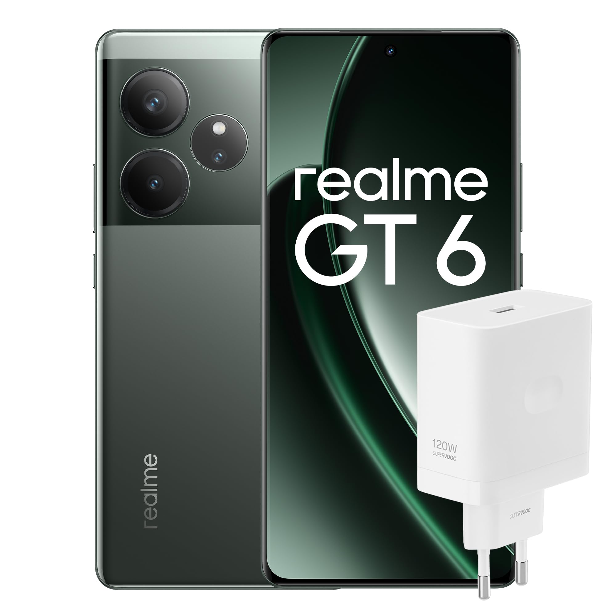 realme Smartphone GT6 256GB 12GB Razor Green EU + SUPERVOOC 120W Power Adapter White