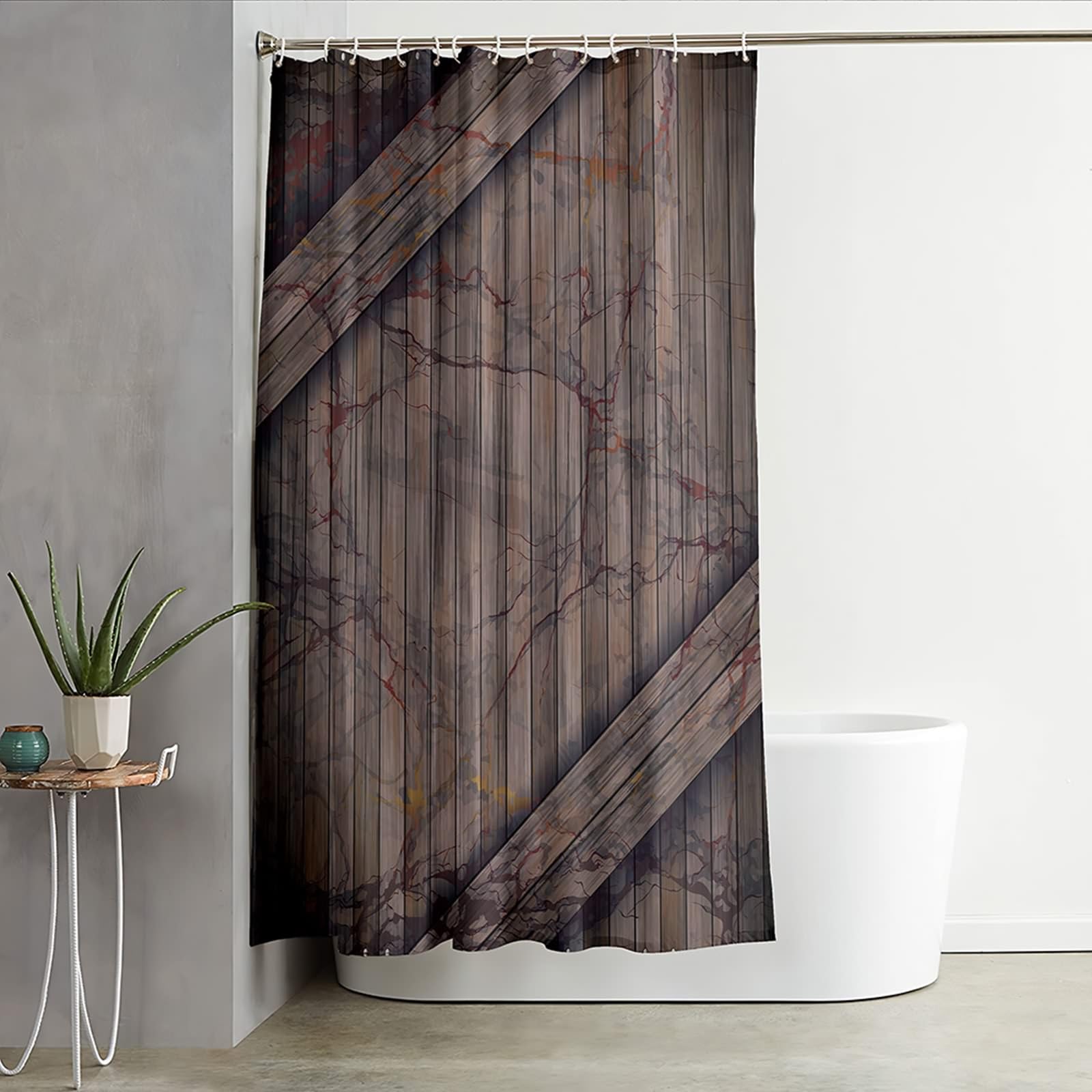 Tenda Doccia 150 x 200 Tessuto Antimuffa, Poliestere Marrone grigio Porta di legno della fattoria Tenda vasca da bagno, lavabile, asciugatrice rapida