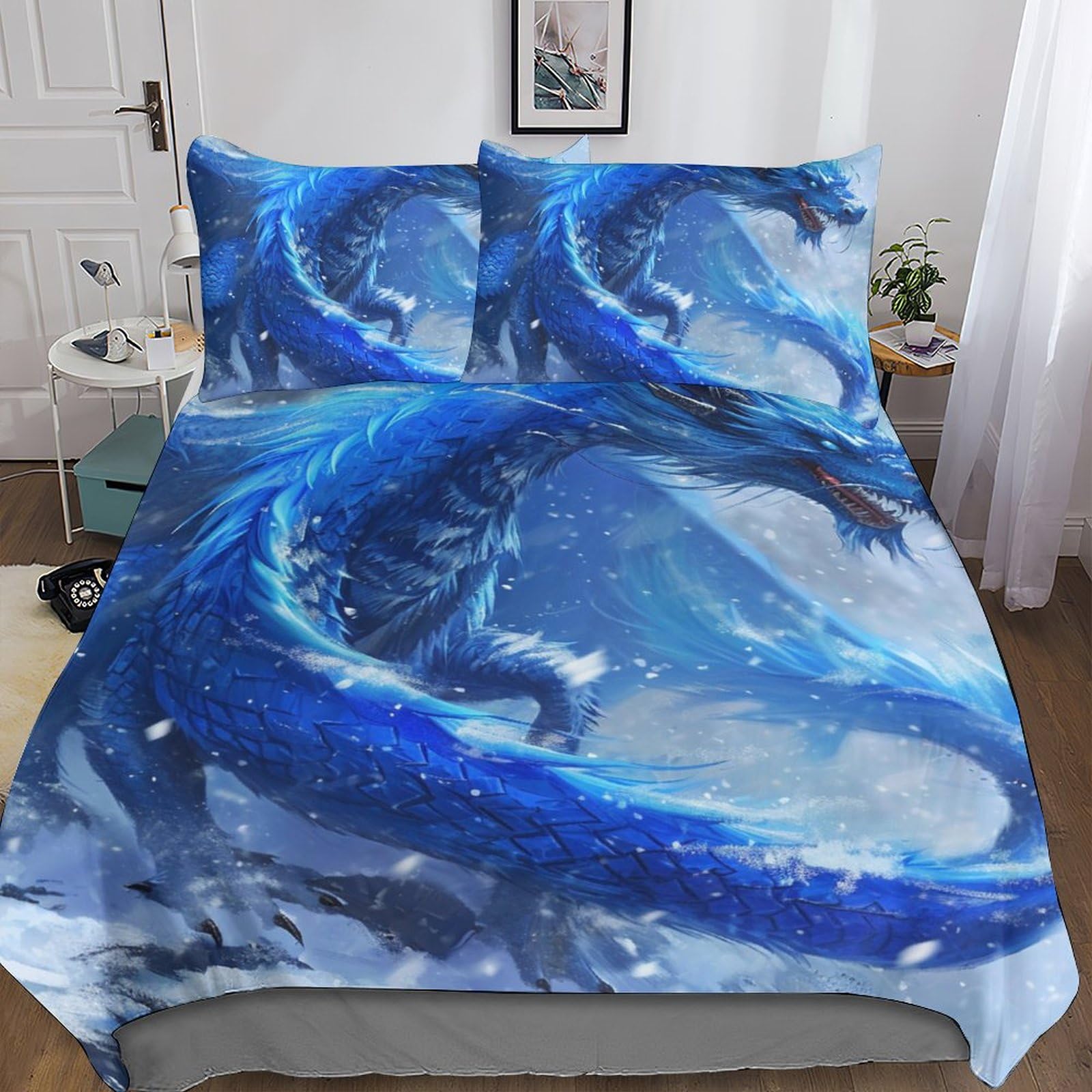 Parure de lit 3D Blue Ice Dragon en microfibre, idée cadeau idéale pour ados et enfants