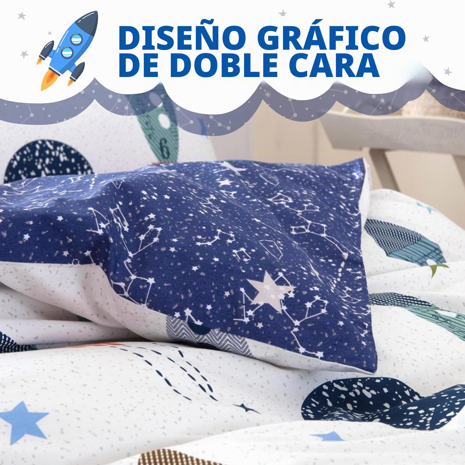 Qucover Juego de Cama para Niño Cama 105 Funda Nordica Infantil 155x220 cm,100% Algodón, Cama Individual, Reversible Diseño de Cosmos para Dormitorio de los Niños