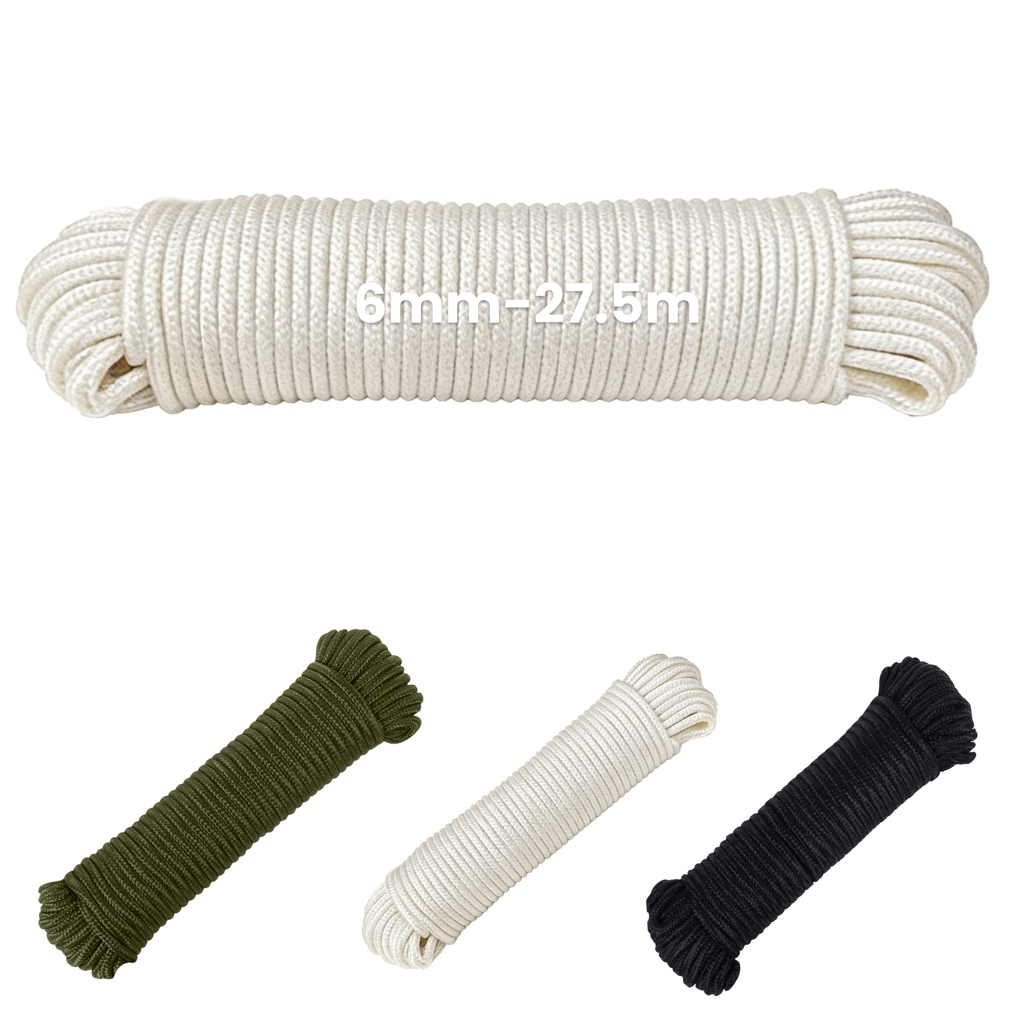 I IHAYNER Utility Rope Diamond Braided Polypropylene Strong Lightweight All Purpose Rope for Camping Garden Marine DIY Indoor Outdoor (White, 6mm-27.5m)