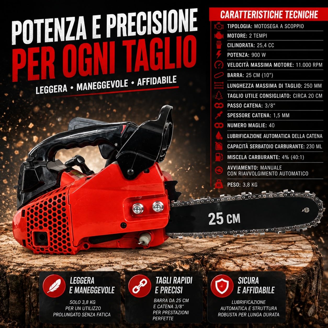 Motosega a Scoppio 25,4CC 900W Barra 25 cm per Potatura Motore 2 Tempi Catena 3/8" Lubrificazione Automatica Sistema Antivibrazione Ideale per Taglio Legna, Rami e Giardinaggio