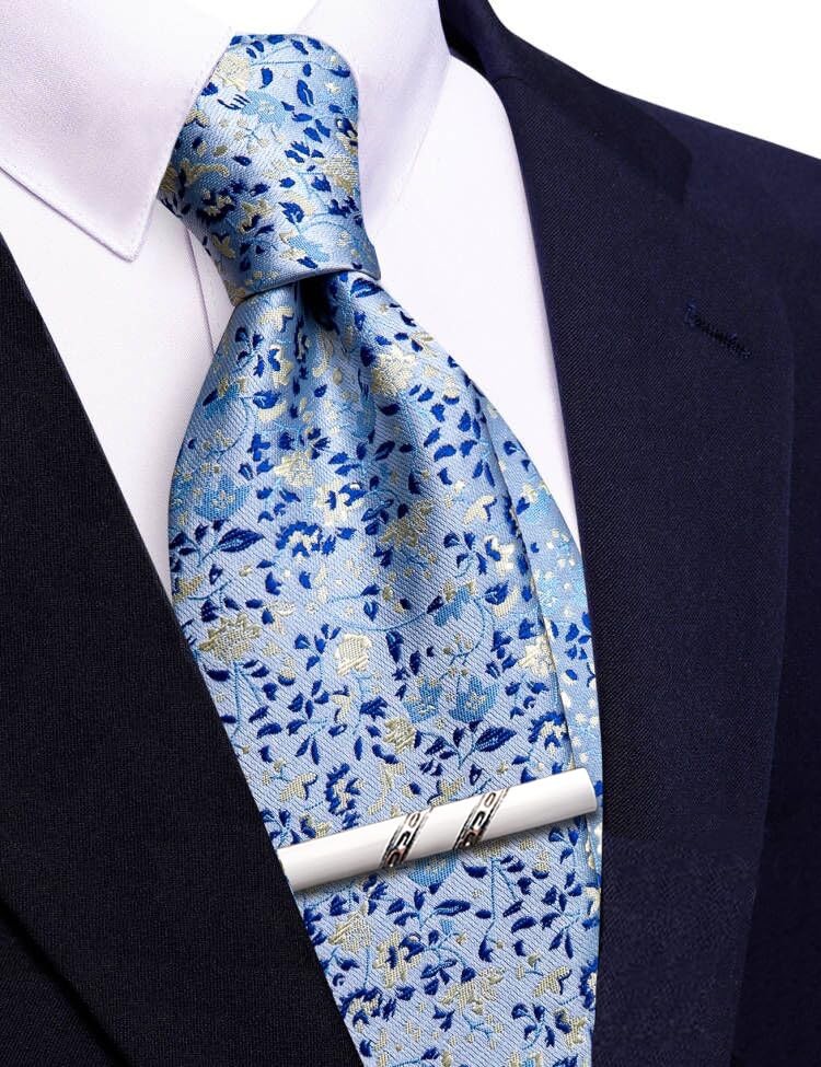 Image of Barry.Wang Floral Ties for Men Flower Necktie with Tie Clip Formal