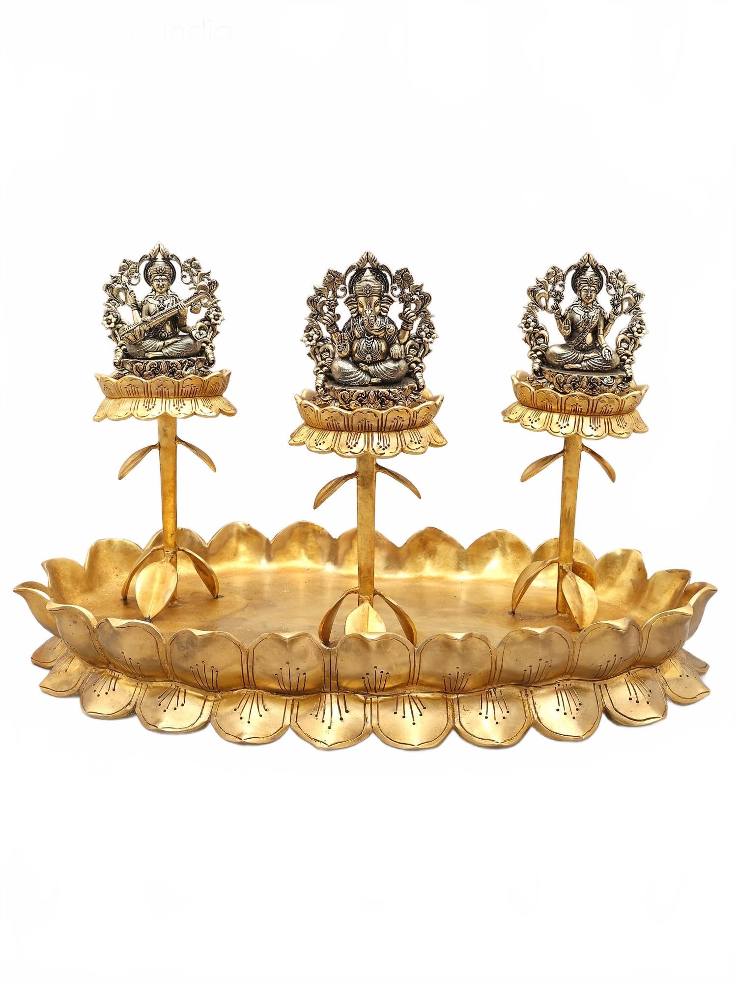 Exotic India Natural Brass 20" Superfine Lakshmi Ganesh Saraswati Brass Statues On Lotus Stand Idol For Puja Room, Home Office, Entrance Diwali Décor
