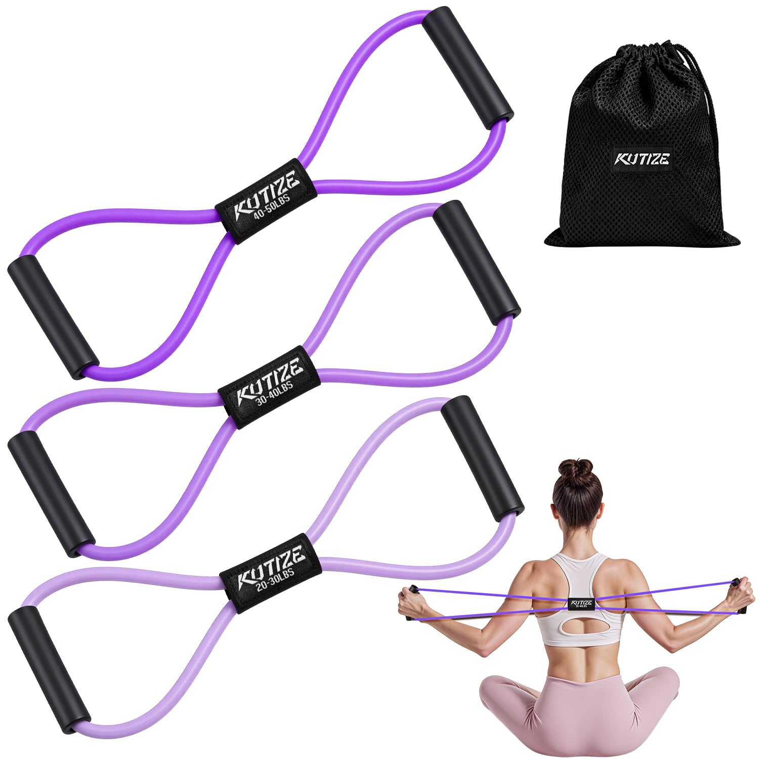 KUTIZE Figure 8 Resistance Bands with Handles, 8 Shaped Resistance Bands for Women Men, Exercise Bands for Arm, Chest, Shoulder & Back Workout, Home Gym Equipment for Pilates, Physical Therapy, Yoga