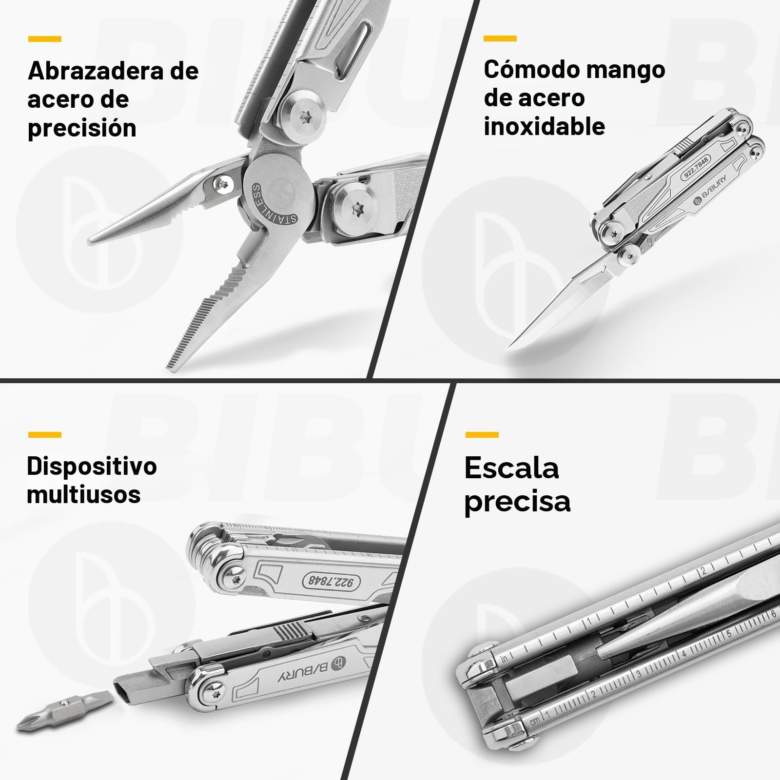 BIBURY Multiherramienta de Alicates, Navaja Multiusos de Acero Inoxidable con Bloqueo de Seguridad, Portátiles Alicates Plegables para la Supervivencia en el Exterior, Camping, Hogar, Reparación