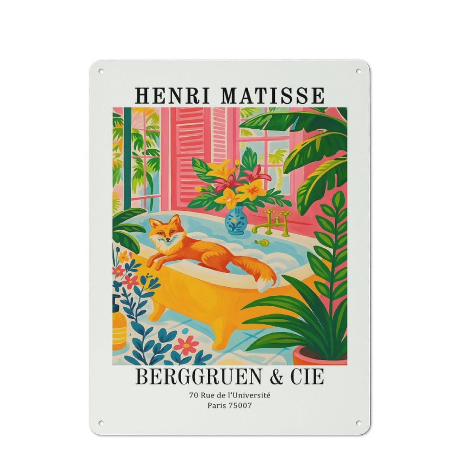Junmoney Style-2 Rustic Tin Sign 40X30cm Featuring Henri Matisse Fox In Bathtub Art Print For Café Or Home Bar, Gift Idea At Christmas For Hospitality Decor Collectors