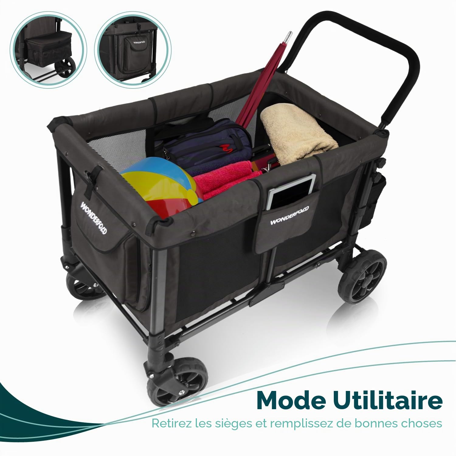 WONDERFOLD W4 Original Poussette (4 places) – Poussette pliable avec sièges avec harnais à 5 points, porte zippée facile d'accès et pare-soleil amovible, gris