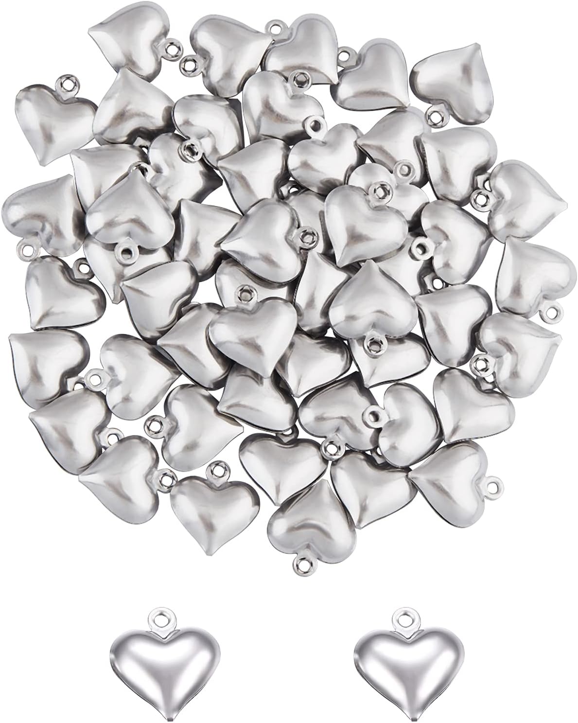 UNICRAFTALE 100pcs Puffy Heart Charm 13mm Long Tiny Love Pendant for Women Men Valentine’s Day Stainless Steel Heart Pendant Metal Charm 1.2mm Small Hole for DIY Jewelry Findings Making