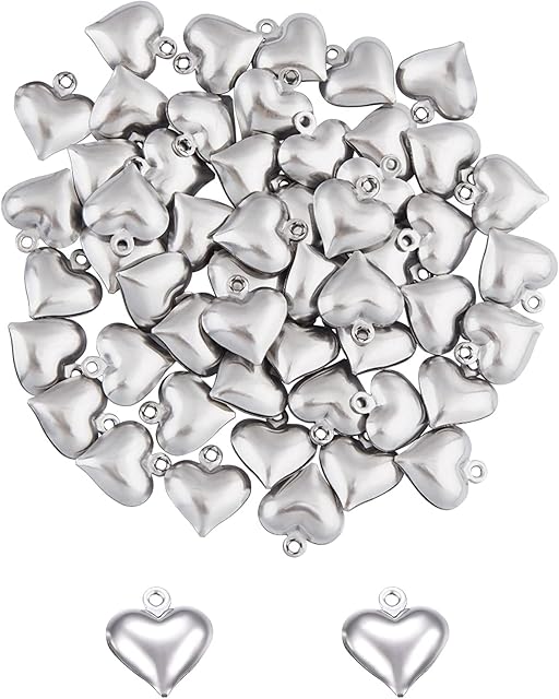 UNICRAFTALE about 50pcs Puffy Heart Charm Tiny Love Pendant Stainless Steel Charm Hypoallergenic Metal Charm 1.2mm Small Hole for DIY Jewelry Findings Making, Stainless Steel Color, 11mm Wide