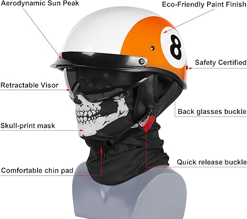 Miniatura 8 de Medio casco de motocicleta con visera para adultos y jóvenes, cascos retro aprobados por DOT para hombres y mujeres, compatibles con ciclomotor,
