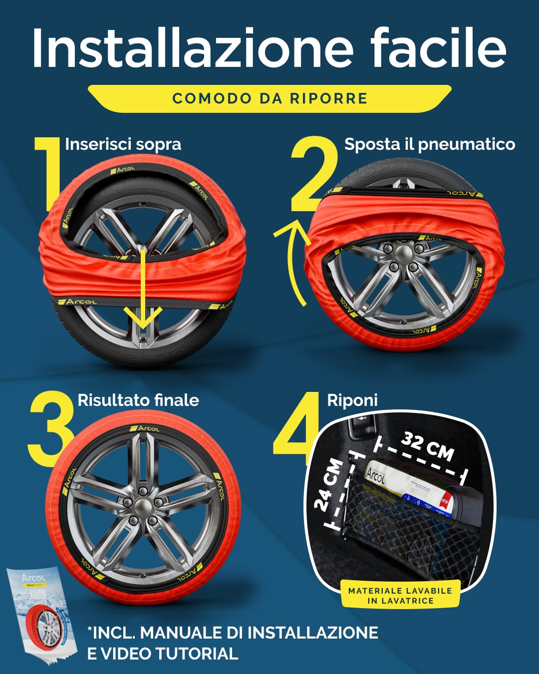 ARCOL Calze da Neve Omologate Italia EN 16662-1 - Due Catene da Neve in Tessuto per Auto. Snow Sock Taglia XL per R14 - R22 (Misure per Pneumatici Dettagliate all'Interno) (Control, XL)