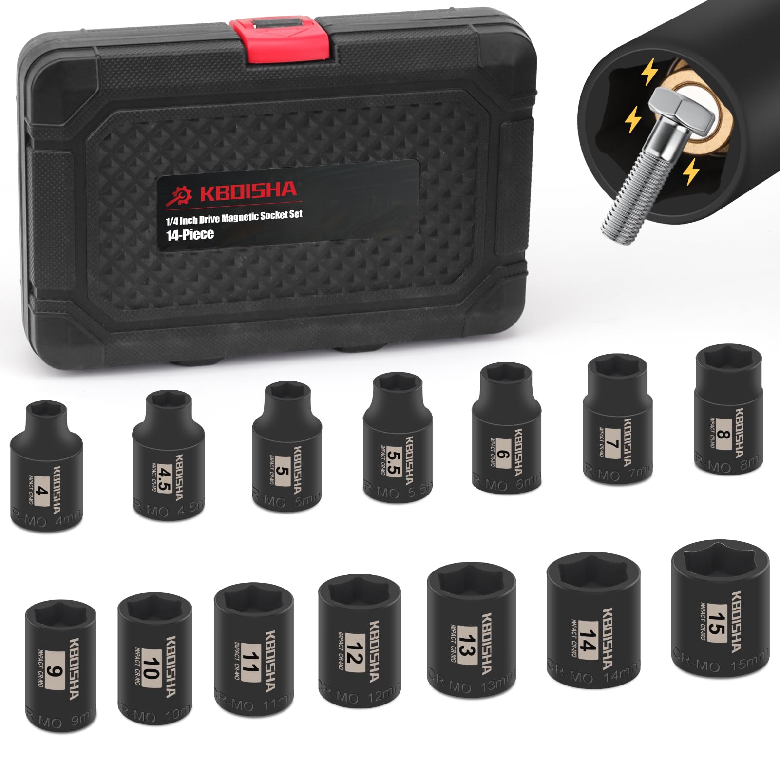 KBOISHA 1/4" Drive Magnetic Socket Set - 14-Piece Metric Deep Impact Sockets (4-15mm) - View #9