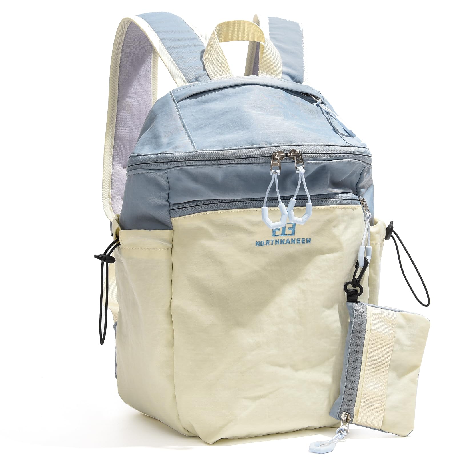 Outplea 13L Mini Hiking Backpack for Women, Small Lightweight Travel Backpack with Detachable Pouch, Padded Cute Casual Daypack for Outdoor Daily, Beige & Blue