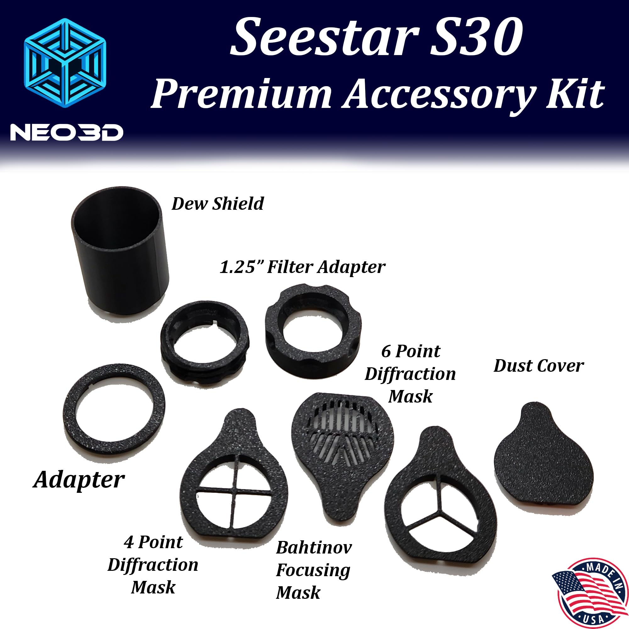 Seestar S30 Dew Shield Premium Accessory Kit, Dew Shield, Dust Cap, Bahtinov Focus mask, Diffraction Spike Masks, Adapter, Best Seestar Accessory Kit (S30PremKitBlack)