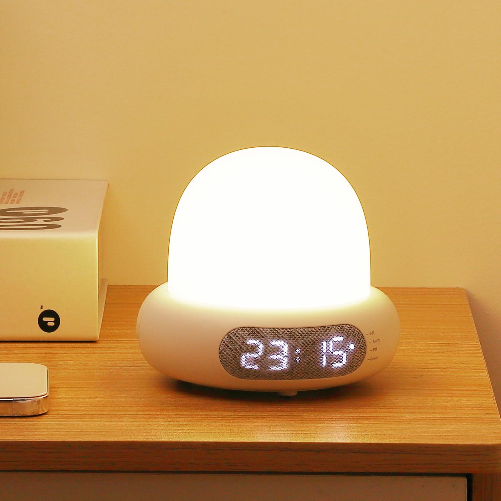 Fulasofia LED Bedside Table Lamp for Kids Color Changing Dimmable Pressure Control Time Indicator Timer Alarm Clock Wireless USB Rechargeable Ideal for