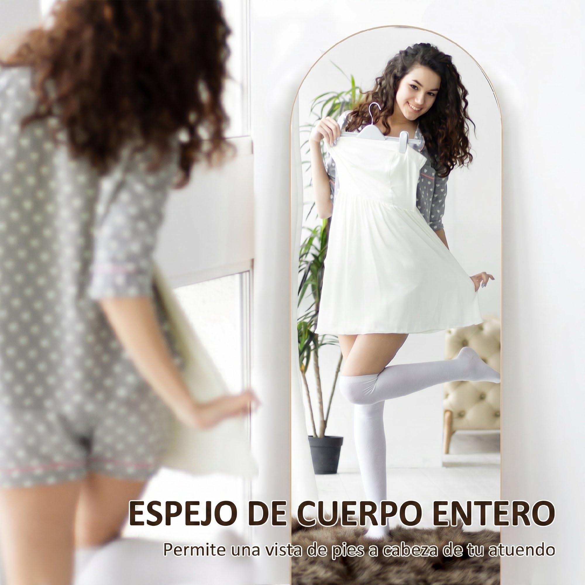 HOMCOM Espejo de Cuerpo Entero, 150x50 cm, Espejo de Pie Arqueado, Sin Marco, Independiente, Apoyado y de Pared, para Dormitorio, Salón, Dorado
