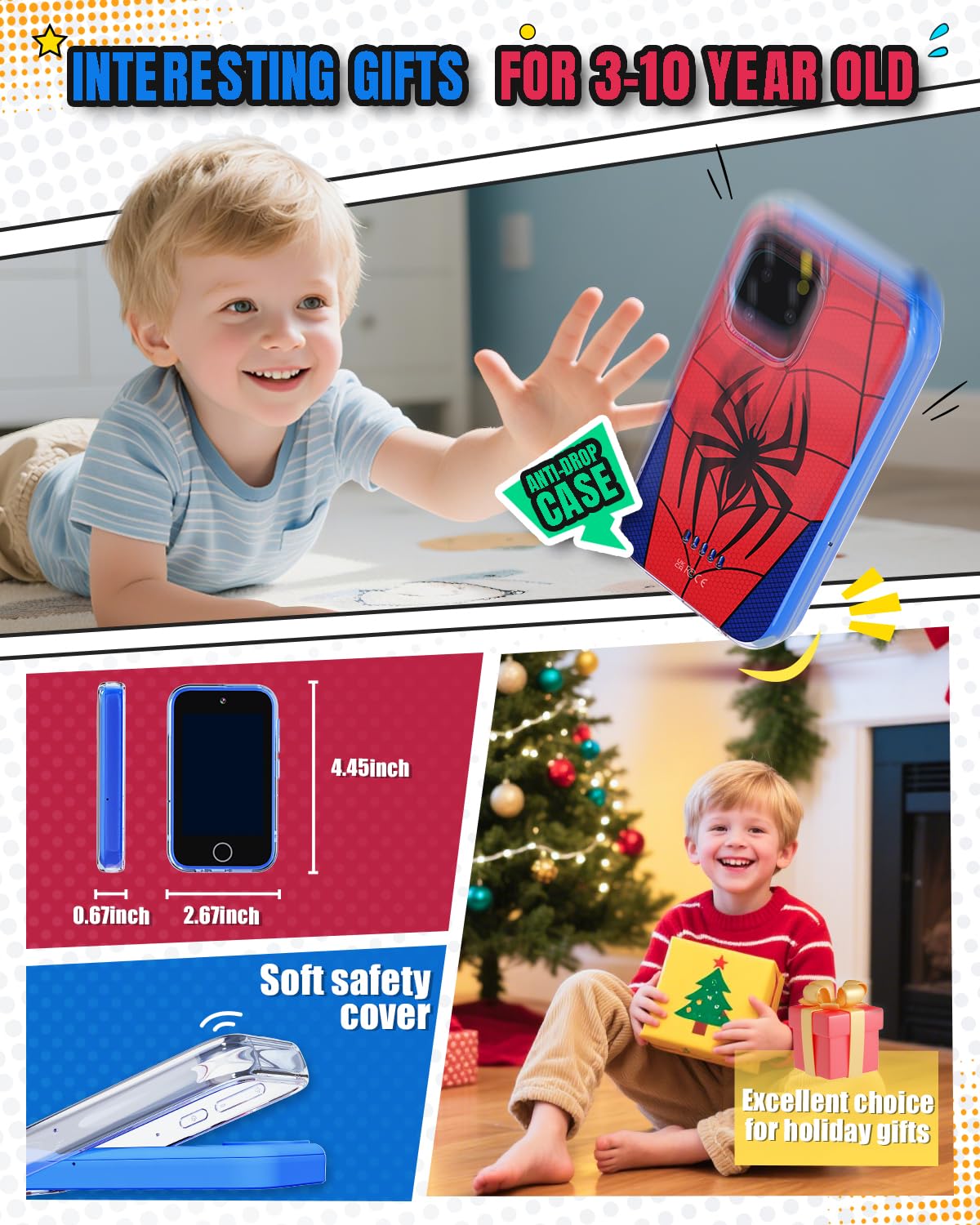 Byserten Smartphone per bambini, touch screen da 3,5 pollici con doppia fotocamera, giocattoli educativi per l'apprendimento per bambini dai 3 ai 10 anni, regali di compleanno di Natale