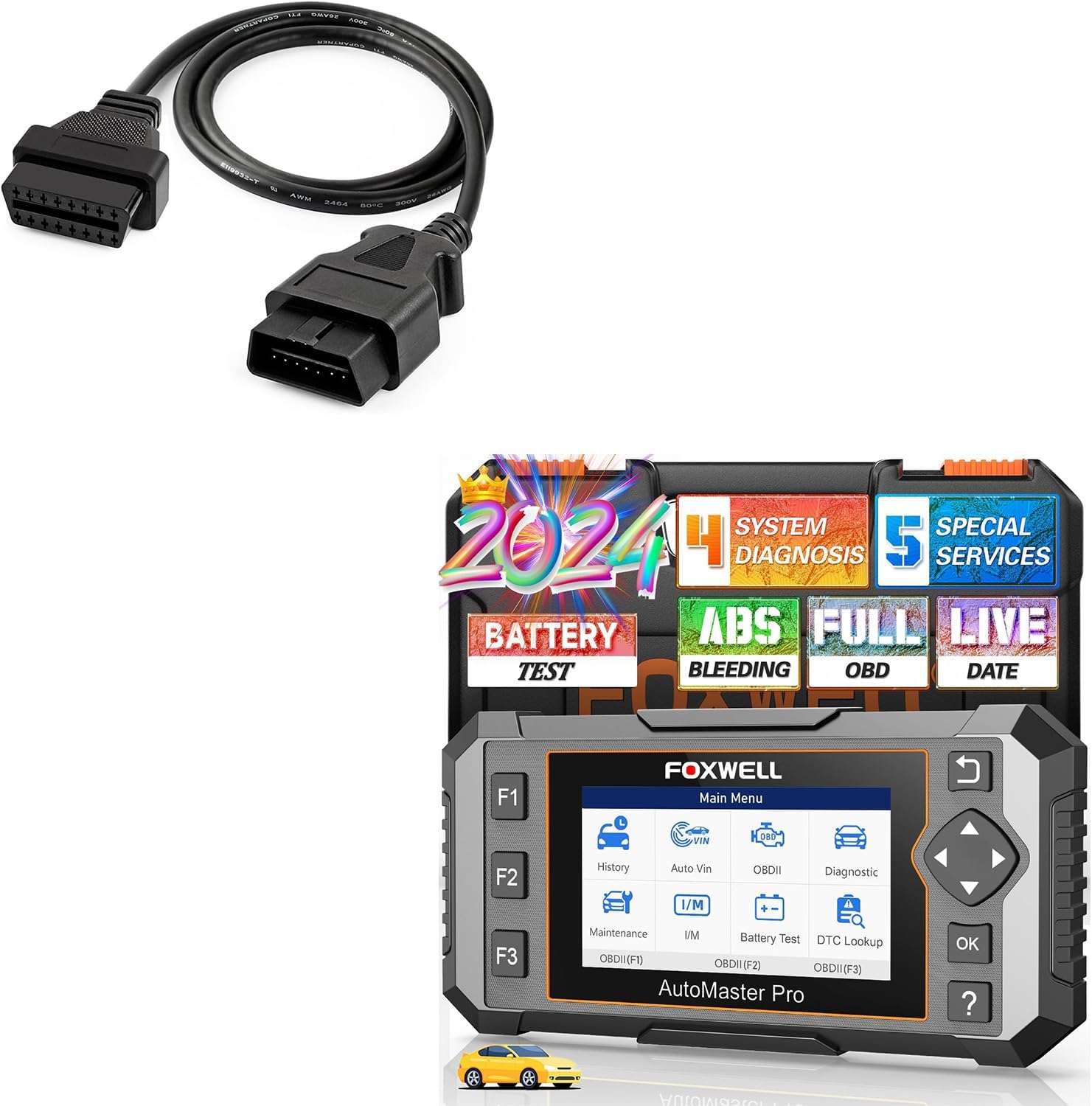 FOXWELL NT614 Elite OBD2 Scanner with 5 Resets ABS Bleeding/SAS Calibration/Oil/EPB/Throttle + OBD2 OBD II 16Pin Male to Female Diagnostic Extension Convert Cable Adapter 1m/ 39inch