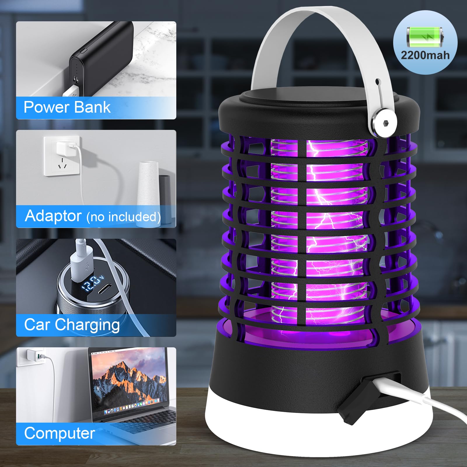 Lampe Anti Moustique Exterieur, Appareil Anti Moustique pour Camping avec Lumière LED, Destructeur d'Insectes, USB Rechargeable, IP66 Étanche, Batterie 2200mAh, Piege à Moustique Electrique